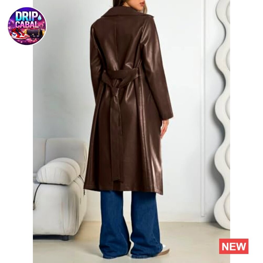 Faux Leather Trench Coat Long Lapel Open Front Belted Chic Elegant Peacoat - Picture 4 of 6